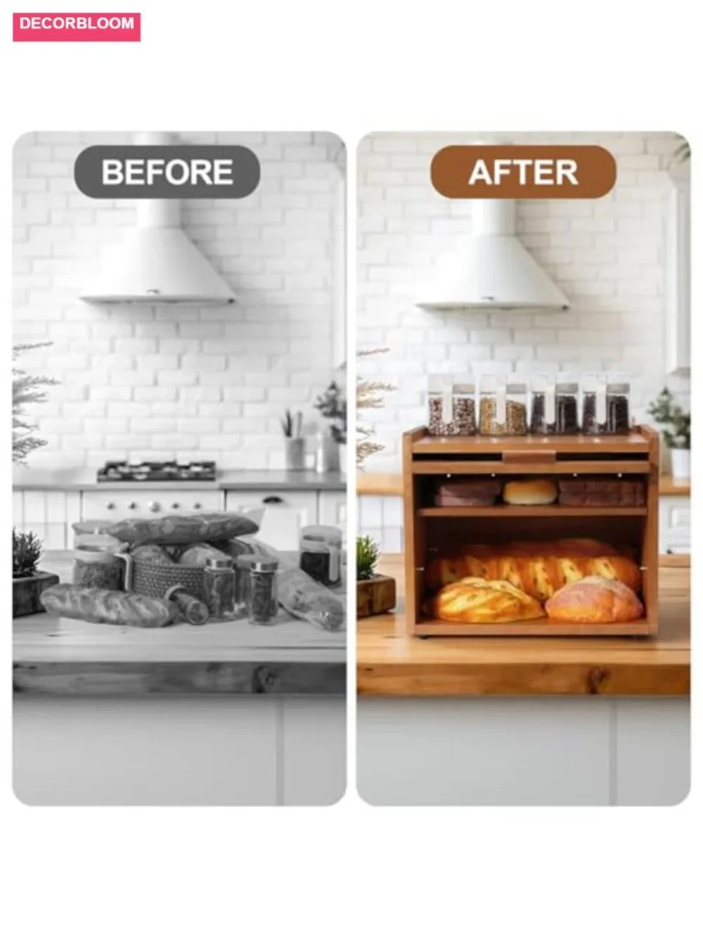 Wooden Bread Box 2 Tier with Acrylic Door and Adjustable Shelf for Kitchen